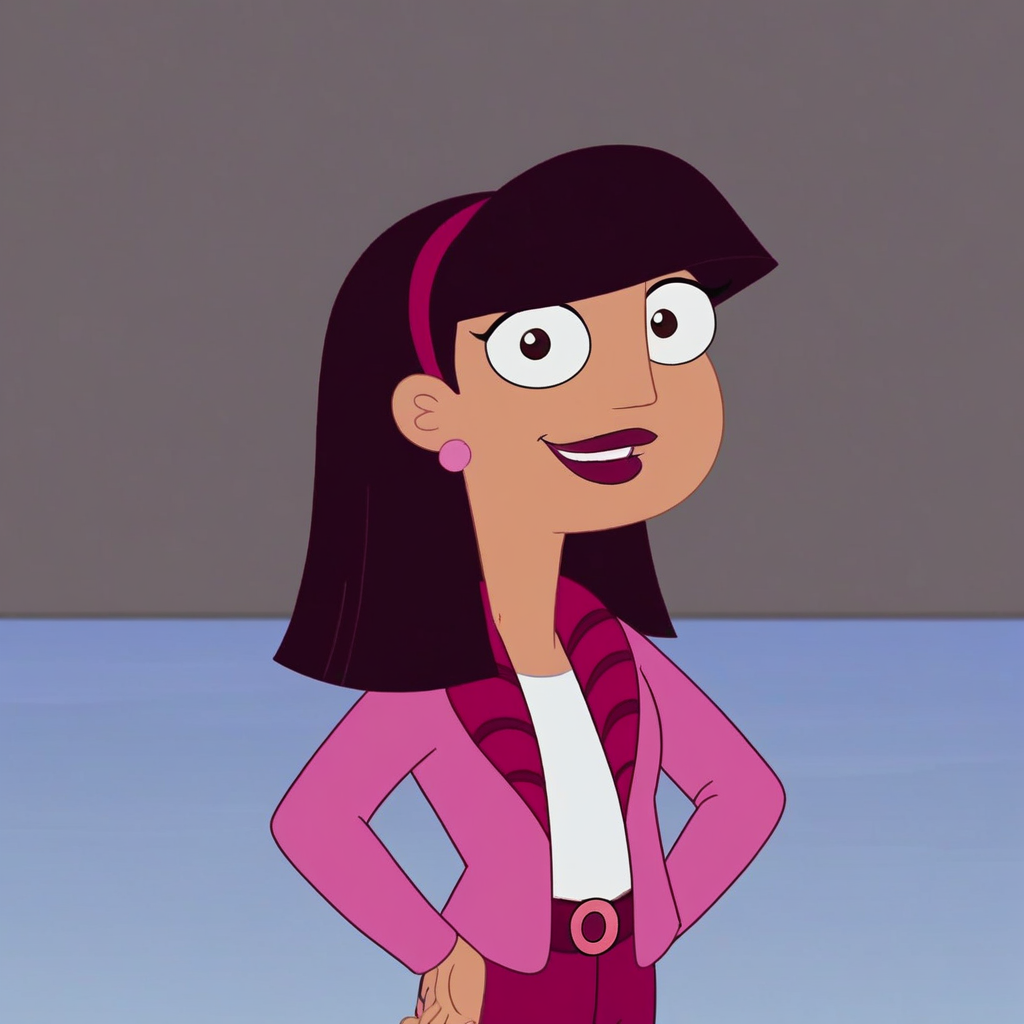 score_9, masterpiece, 1girl, Solo, female focus, AmandaL_MM, olive skin, dark brown eyes, deep burgundy hair, straight hair, shoulder-length hair, straight fringe, magenta headband, deep pink lips, light pink small spherical earrings, bright pink cardigan, white crop top, magenta pants, belt with a light pink circular bucklee, bright pink flats, big eyes, medium stature, standing, cowboy shot, room background, looking at viewer, perfect eyes, full body