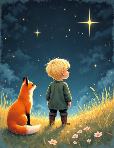A digital painting in a painterly style, reminiscent of a vintage photograph, depicting a young boy with blond hair and light skin from behind. He is wearing a muted green tunic and dark brown pants, standing in tall, muted gold grass.  Beside him sits a fox with orange fur, its fur rendered with soft, diffused lighting.  The boy and fox gaze upward at a night sky filled with stars of varying sizes and intensities, rendered with a slightly grainy texture. The overall color palette is muted and earthy, with warm browns, greens, and soft pinks. The lighting is soft and diffused, creating a dreamy, ethereal atmosphere. The scene is set on a gently sloping hill, with atmospheric perspective creating depth. The style is detailed but not hyperrealistic, emphasizing mood and feeling. The image has a slightly desaturated, vintage look, <lora:aidmaFLuxPro1.1_v0.3:0.7>, <lora:aidmaMJ6.1_v0.5_3:0.7>