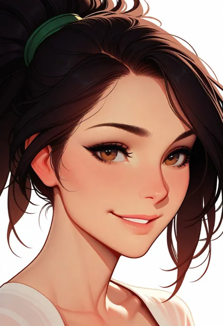 Artist : Tsuaii, Artist : Incase, flat colors, high detailed, high quality, masterpiece,
1girl, portrait, (neutral white background), dynamic lighting, looking at viewer, wide smile,(Akali league of legends:1), dark hair, asian,