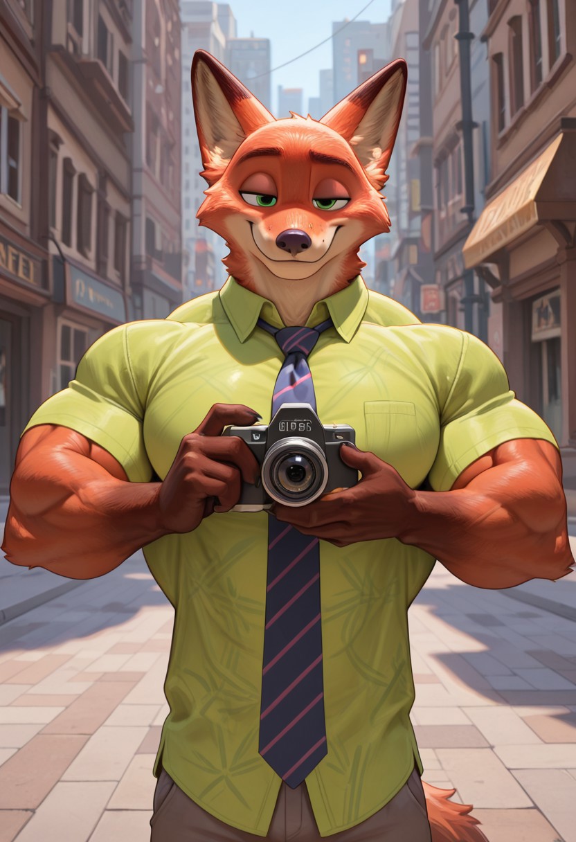 (masterpiece, best quality:1.2), amazing quality, very aesthetic, 32k, absurdres, extremely beautiful, newest, scenery, extra details, (sharp detailed:1.2),
solo, city street, sunny day,
green shirt, tie,  smiling, waking toward camera,
(anthro:1.5), (nickwilde:1.2, male anthro fox), two tone fur, fox ears, red fur, white fur, green eyes,
 <lora:Furry_Anthro_Lora_Nick_Wilde_Zootopia:0.8>
Muscle, bigger_muscles, large_muscles, hyper_muscles, huge_muscles,hyper muscles, huge_muscles, biceps, enormous_muscles, huge_biceps, huge_pecs; inflated_muscles, muscleblimp, gigantic_pecs, gigantic_biceps, gigantic_muscles, massive_muscles, massive_biceps, massive_pecs, muscular_chest, gigantic_body