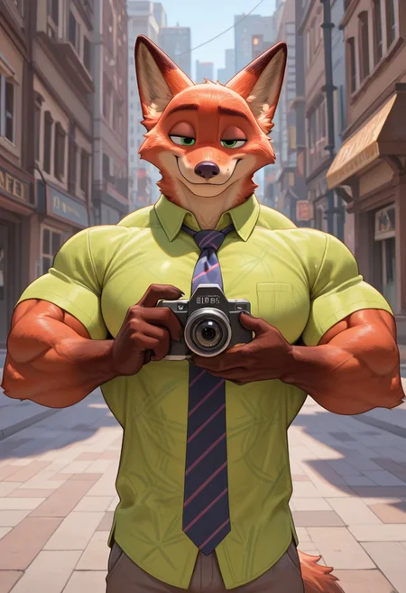 (masterpiece, best quality:1.2), amazing quality, very aesthetic, 32k, absurdres, extremely beautiful, newest, scenery, extra details, (sharp detailed:1.2),
solo, city street, sunny day,
green shirt, tie, smiling, waking toward camera,
(anthro:1.5), (nickwilde:1.2, male anthro fox), two tone fur, fox ears, red fur, white fur, green eyes,
<lora:Furry_Anthro_Lora_Nick_Wilde_Zootopia:0.8>
Muscle, bigger_muscles, large_muscles, hyper_muscles, huge_muscles,hyper muscles, huge_muscles, biceps, enormous_muscles, huge_biceps, huge_pecs; inflated_muscles, muscleblimp, gigantic_pecs, gigantic_biceps, gigantic_muscles, massive_muscles, massive_biceps, massive_pecs, muscular_chest, gigantic_body