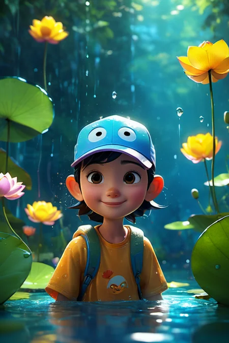 <lora:xl_more_art-full_v1:1>,cinematic film still style of Pixar,(and simple geometric forms while exuding a lighthearted and visually impactful Pixar charm),(combined with geometric forms),(and a focus on unity. The modern digital painting captures the essence of hybrid creatures),
in the style of cute and dreamy,backlight,colorful caricature,rain,summer pond,lotus leaf,lotus,((water drops)),wet clothes,((beautiful detailed water)),dynamic angle,smug,crazy_smile,naughty_face,
(((masterpiece))),(best quality),((ultra-detailed)),Photorealistic,16K,high detail,high resolution . shallow depth of field,vignette,highly detailed,high budget,bokeh,cinemascope,moody,epic,gorgeous,film grain,grainy,