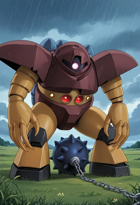 score_9, score_8_up, score_7_up, source_anime, cowboy shot, front view, BREAK, ( gogg, pink monoeye, looking at viewer, turned to the side, holding a spiked ball and chain, chain leading off screen, leaning forward, twisting torso, wide stance, backpack, dramatic pose, ) 1mech, mech focus, solo, BREAK, cloudy sky, rain clouds, low light, dusk, grass,