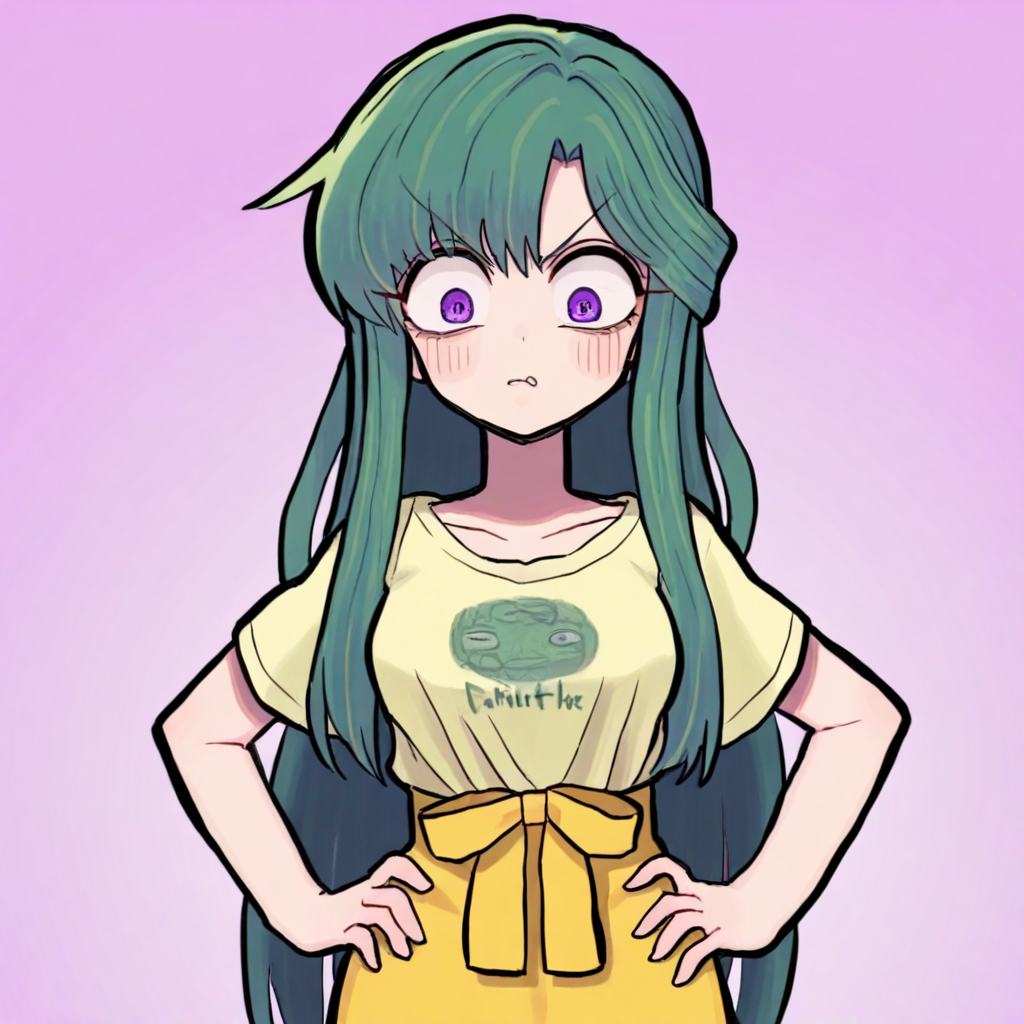 <lora:GashiStyle-ILL:1> gashigashi
BREAK
 1boy, solo, long hair , green hair, purple eyes, yellow outfit, Half-up, half-down hairstyle, Button-Front Skirt and Graphic Tee,  Hands on a hip, tilted to the side, Doubtful expression
 <lora:Best_Facial_Expression_Helper_XTREME_ILLU:1> kaogei