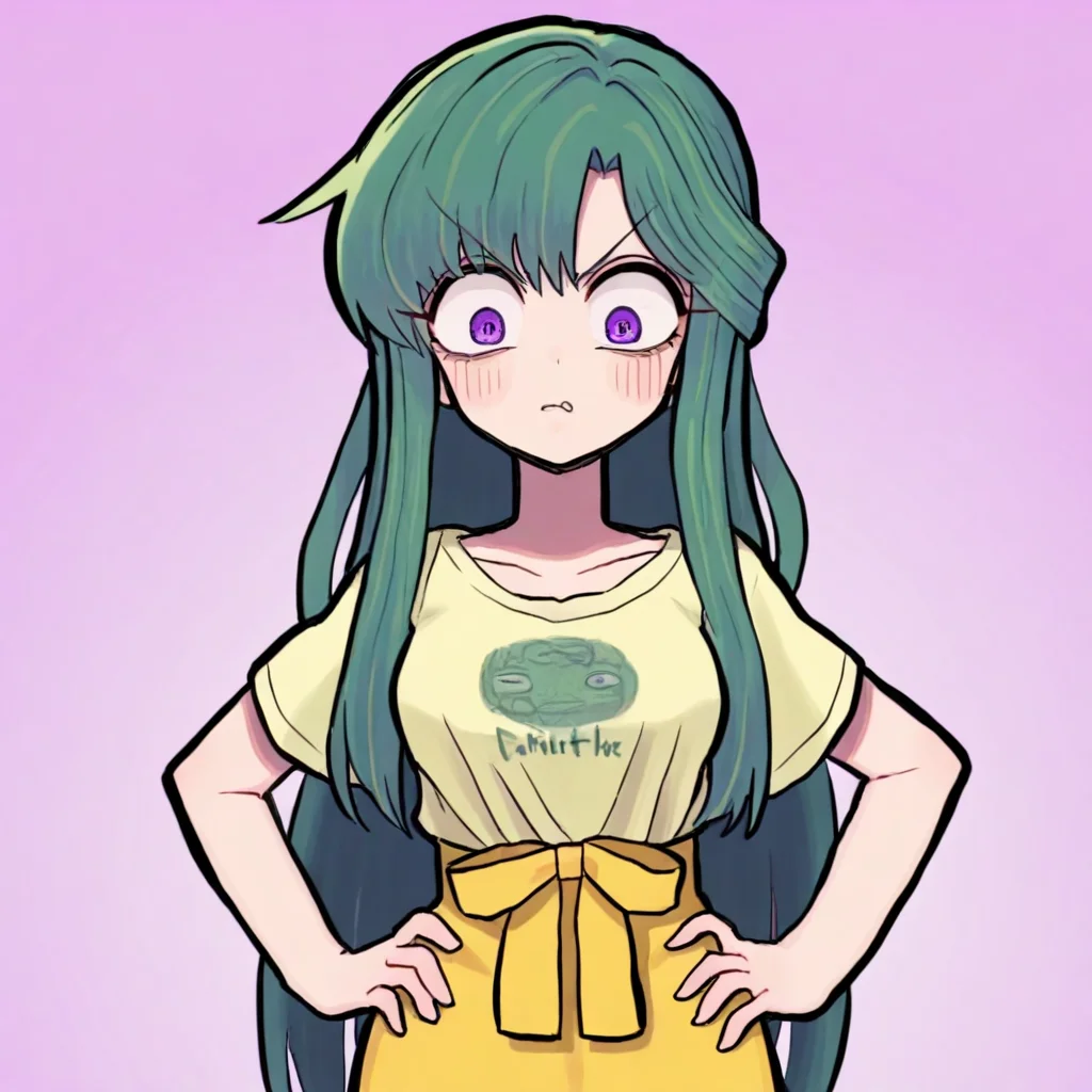 <lora:GashiStyle-ILL:1> gashigashi
BREAK
1boy, solo, long hair , green hair, purple eyes, yellow outfit, Half-up, half-down hairstyle, Button-Front Skirt and Graphic Tee, Hands on a hip, tilted to the side, Doubtful expression
<lora:Best_Facial_Expression_Helper_XTREME_ILLU:1> kaogei