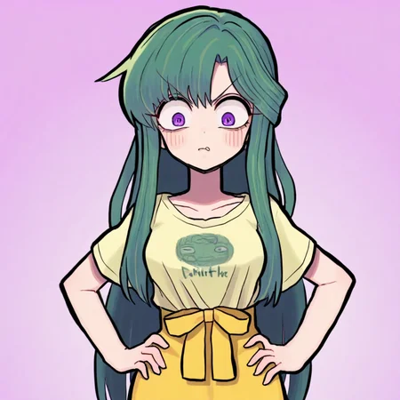 <lora:GashiStyle-ILL:1> gashigashi
BREAK
 1boy, solo, long hair , green hair, purple eyes, yellow outfit, Half-up, half-down hairstyle, Button-Front Skirt and Graphic Tee,  Hands on a hip, tilted to the side, Doubtful expression
 <lora:Best_Facial_Expression_Helper_XTREME_ILLU:1> kaogei