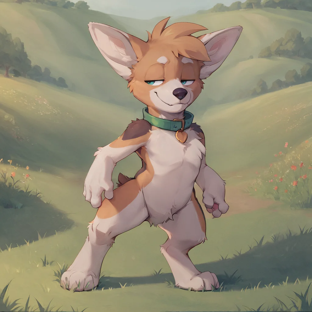 score_9, score_8_up, score_7_up, score_6_up, , ((semi-anthro)), standing, spread legs, field, grass, smug, smile, half-closed eyes, crotch tuft, crotch fur, featureless crotch, , solo, collar, colored line art, <lora:King_Housepets_PonyXL_prototype:1> kinghp
