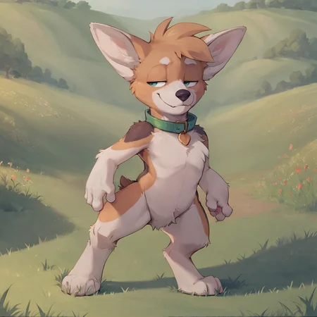 score_9, score_8_up, score_7_up, score_6_up, , ((semi-anthro)), standing, spread legs, field, grass, smug, smile, half-closed eyes, crotch tuft, crotch fur, featureless crotch, , solo, collar, colored line art, <lora:King_Housepets_PonyXL_prototype:1> kinghp