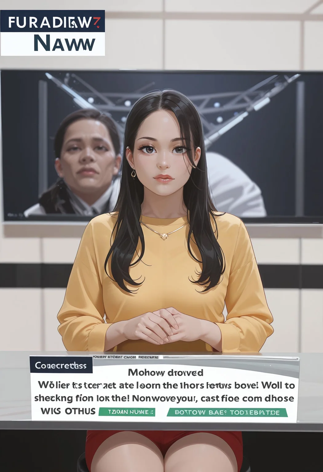 1girl,
newscaster, announcer, female announcer, news, breaking news, black hair,
talking to viewer,
own hands together,
english text,
sitting, pov across table,
looking at viewer, cowboy shot, screen, studio, multiple views,
<lora:newscaster_illustrious:0.7>