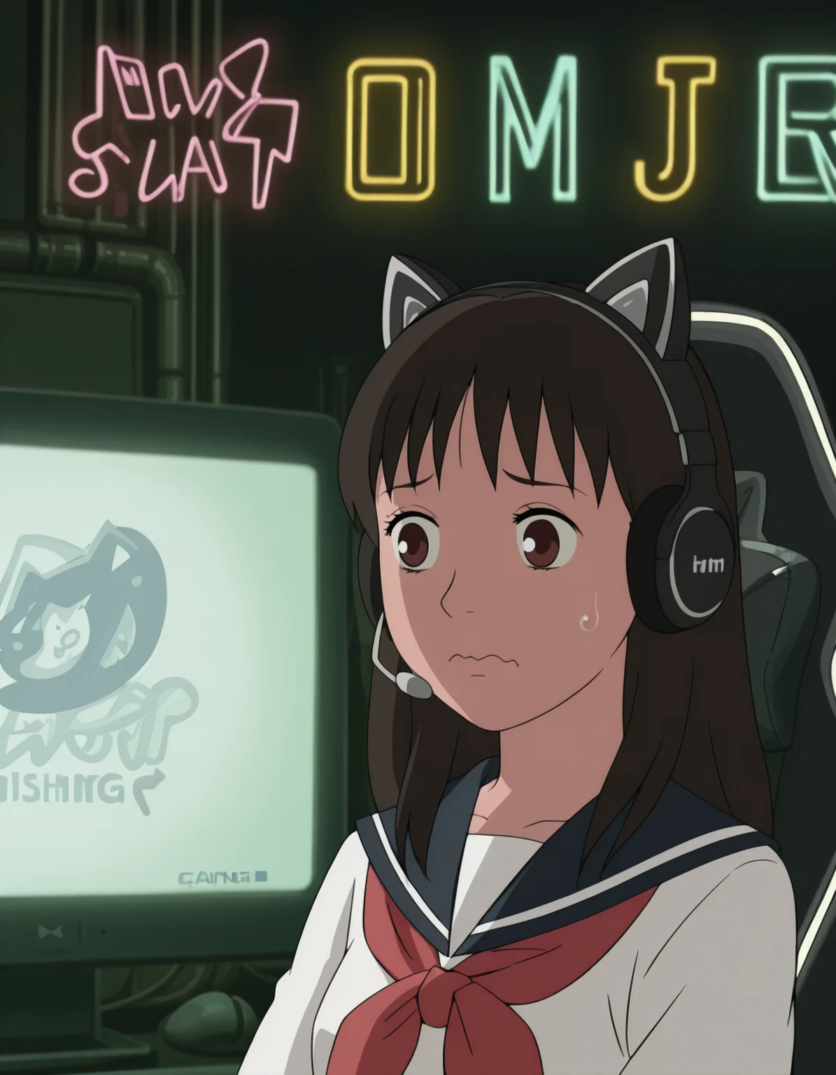 <lora:izumi-maho-illustrious-000015:1> ishiguroizumi, serafuku, 1girl, headset, gaming chair, cat ear headphones, neon lights, sweat, wavy mouth, monitor