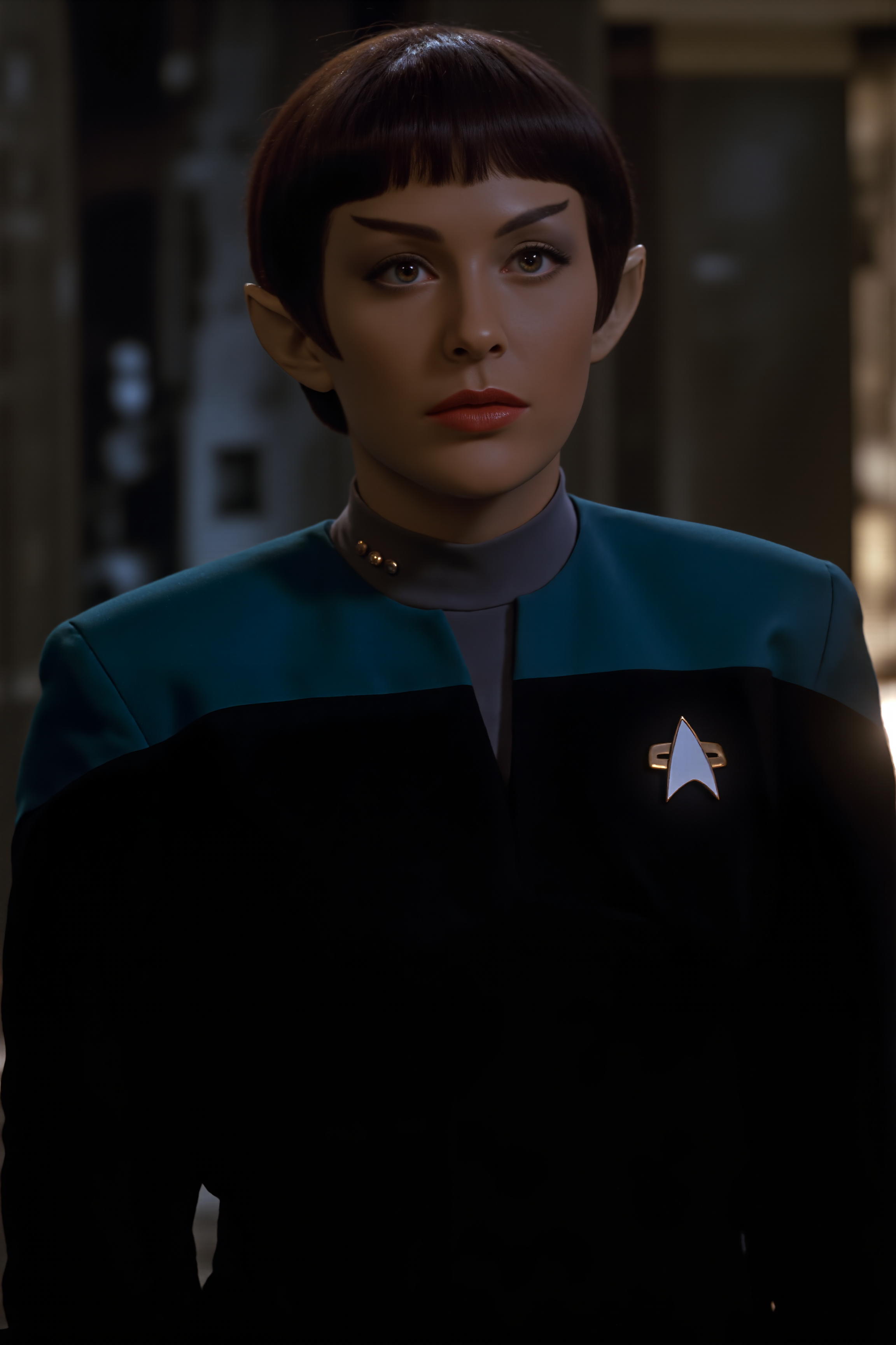 An vulcan woman with short hair stands in the ancient temple wearing black voyager uniform wiuth teal shoulders (photography, high-resolution, dynamic, energetic,hyper-realistic, dramatic lighting, shallow depth of field.), detailmaximizer, MythP0rt<lora:midjourney_whisper_flux_lora_v01:0.55><lora:aidmaMJ6.1-FLUX-V0.1:0.4><lora:FluxMythP0rtr4itStyle:0.4><lora:detailed_flux_ntc:2.2><lora:aidmaImageUpgrader-FLUX-V0.1:0.65><lora:VOY_FLUX:1.1><lora:VULCANV1_FLUX:1.3>