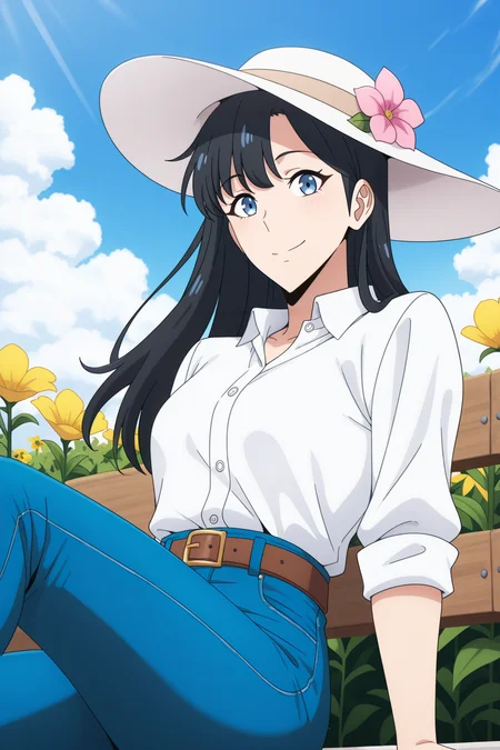 <lora:SoloLeveling:1>, SoloLeveling, 1girl, hat, solo, denim, jeans, shirt, pants, black hair, flower, blue eyes, looking at viewer, white shirt, long hair, sitting, belt, sun hat, shirt tucked in, outdoors, collared shirt, blue pants, sleeves rolled up, smile, fence, pink flower, white headwear, dress shirt, hat flower, high-waist pants, buttons, brown belt, closed mouth, yellow flower, sky,