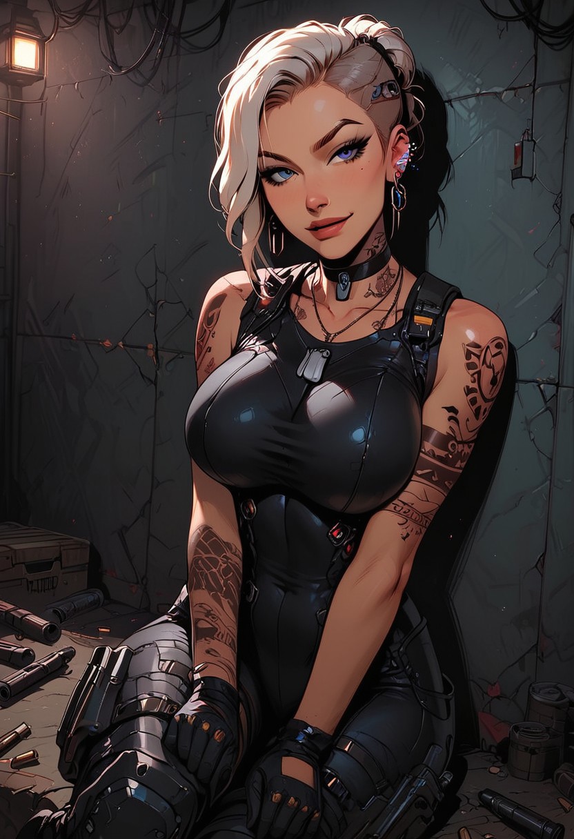 Score_9, Score8_up, Score_7_up, (((High Resolution, Best Quality))), 
1girl, solo, toned arms, sleeveless, Covered in Tattoos, neck tattoos, hair tied up, 
futuristic, futuristic armor, lights on bodysuit, armored suit, body armor, armor, plated armor, revealing bodysuit, tight bodysuit, tactical, military gear, large breasts, choker, dog tags, ear piece, 
seducing, seductive, flirty, tender, loving, playful, looking at viewer, smug, seductively posing, 
Sitting on ground, leaning against wall, relaxed, leaning back, arm resting on knees, arm on knee,
inside, Military, military base, military barracks, cots, crates, military boxes, guns, bullets, supplies, armory,