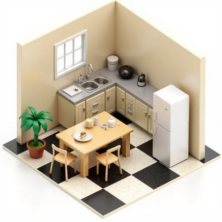 <lora:Isometrica_Flux:1> isometric of a kitchen and breakfast table, checked floor, fridge, cake on the table, potted palm plant in the corner, realistic, photo, <lora:amateurphoto-6version:0.5> Amateur photography of , on flickr in 2007, 2005 blog, 2007 blog