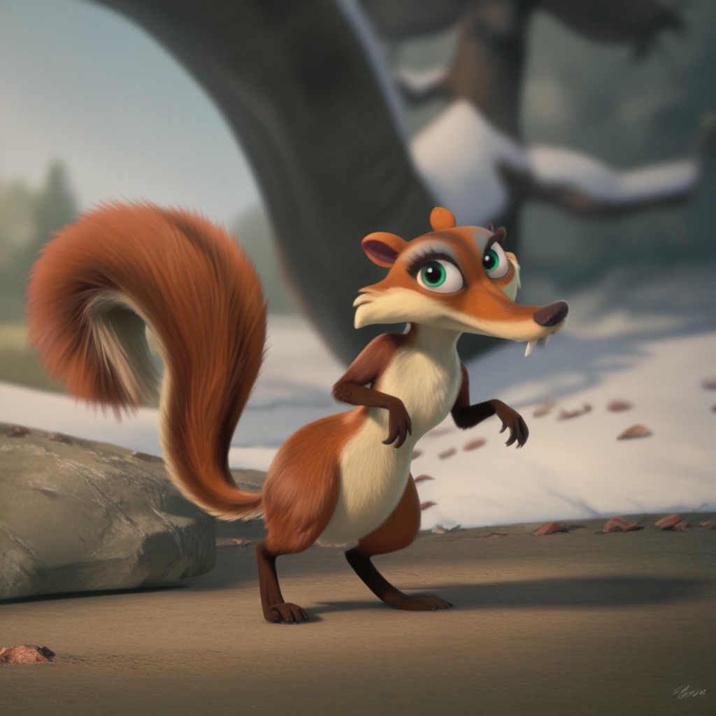 score_9, score_8_up, score_7_up, score_6_up, score_5_up, score_4_up, source_furry, Scrattedotd, semi-anthro, female, squirrel, orange-brown fur, green eyes, fangs, standing, outside,