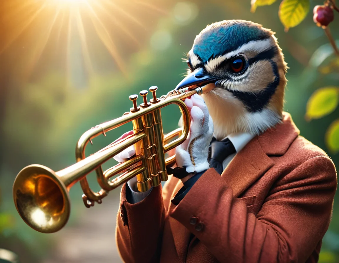 cinematic still musicianlora, bird playing trumpet . emotional, harmonious, vignette, 4k epic detailed, shot on kodak, 35mm photo, sharp focus, high budget, cinemascope, moody, epic, gorgeous, film grain, grainy, musicianlora, bird playing trumpet, vivid colors, beautiful, elegant, highly detailed, intricate, sharp focus, cool background, cinematic, fine, dynamic light, shining, epic composition, colorful, atmosphere, professional, winning, true aesthetic, glowing, vibrant, focused, extremely, inspiring, noble, caring, generous, color, positive, thought, iconic, bright