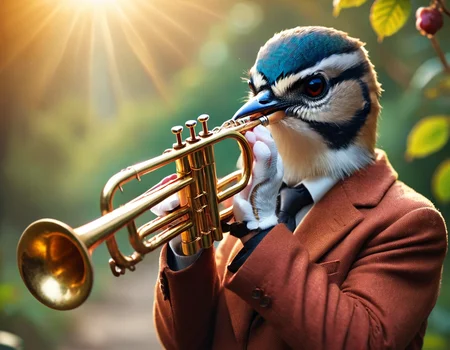 cinematic still musicianlora, bird playing trumpet . emotional, harmonious, vignette, 4k epic detailed, shot on kodak, 35mm photo, sharp focus, high budget, cinemascope, moody, epic, gorgeous, film grain, grainy, musicianlora, bird playing trumpet, vivid colors, beautiful, elegant, highly detailed, intricate, sharp focus, cool background, cinematic, fine, dynamic light, shining, epic composition, colorful, atmosphere, professional, winning, true aesthetic, glowing, vibrant, focused, extremely, inspiring, noble, caring, generous, color, positive, thought, iconic, bright