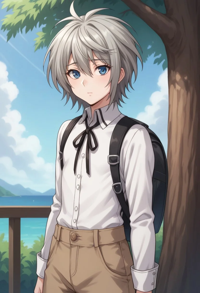 score_9, score_8_up, score_7_up, source_anime, highly detailed,
shiina, solo, blue eyes, male focus, 1boy, shorts, upper body, grey hair, standing, long sleeves, looking at viewer, androgynous, brown shorts, ribbon, neck ribbon, blue eyes, shirt, white shirt, backpack,
outdoor, sky, tree