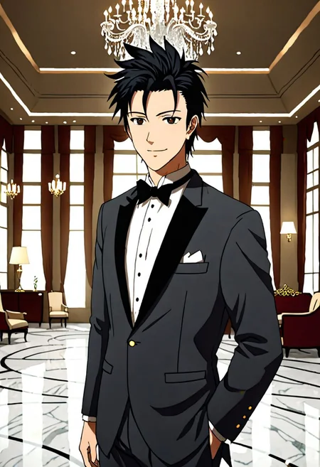 Highres, Masterpiece, High Quality, 4K, 8K, solo, 1Boy, Soujirou Agata, brown eyes, black hair, ballroom, luxury hotel, luxury room, marble floor, crystal chandelier, classic ornaments, tuxedo, smile, musterius, classy, confident, rich, easynegative, detailed_eye_model