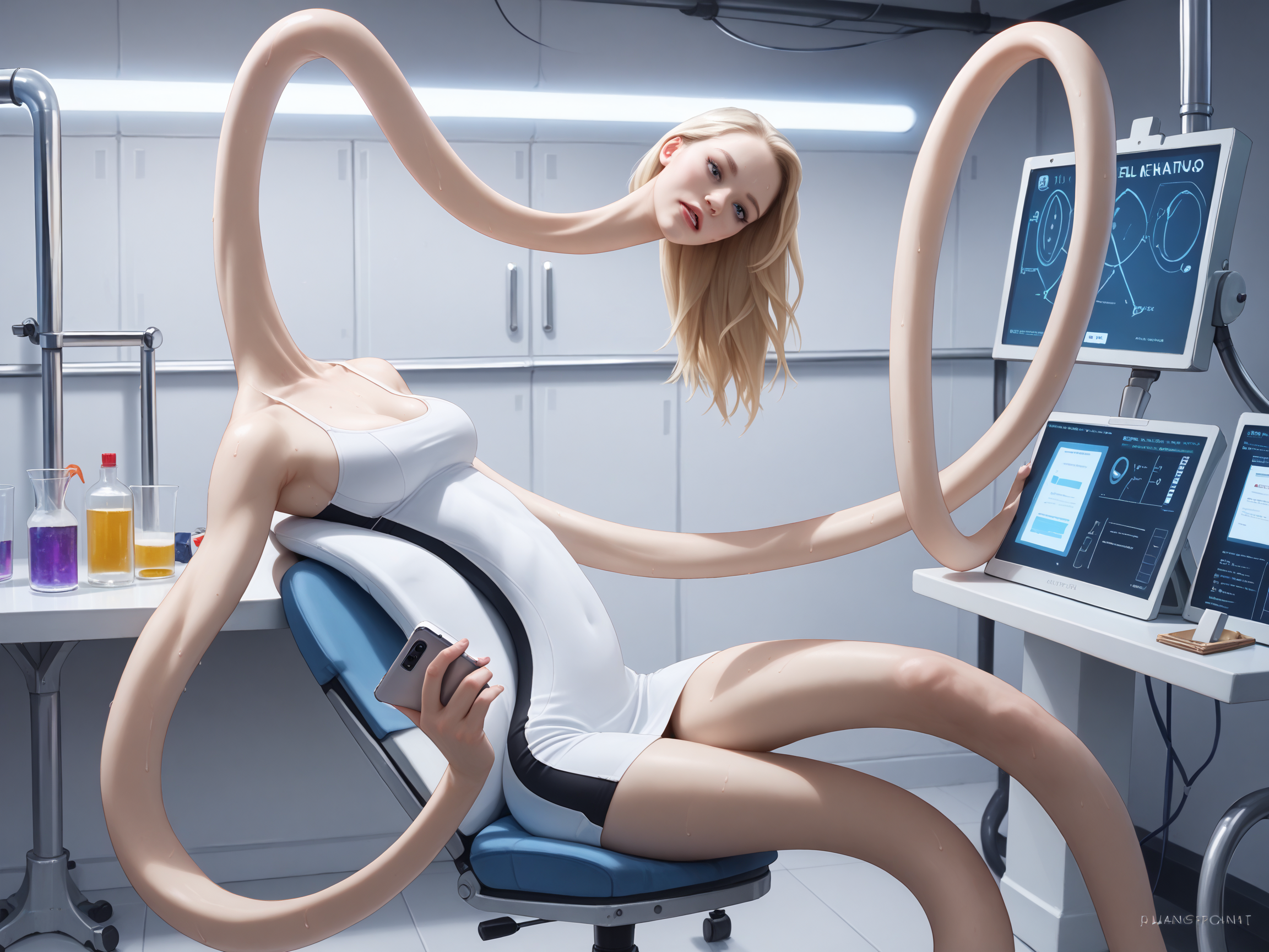 score_9, score_8_up, score_7_up, score_6_up,  score_5_up,
<lora:elongated-ponyxl-v2a:1.0>, (elongated:1.2), long arms, (long torso:1.3), long legs,
a woman in a laboratory, blonde hair, sweating, barefoot, white clothes, holding phone, mouth open, ultra realistic, (high quality, detailed, beautiful), detailed beautiful eyes, realistic, outstanding,
<lora:add-detail-xl:0.7> <lora:xl_more_art-full_v1:0.1>