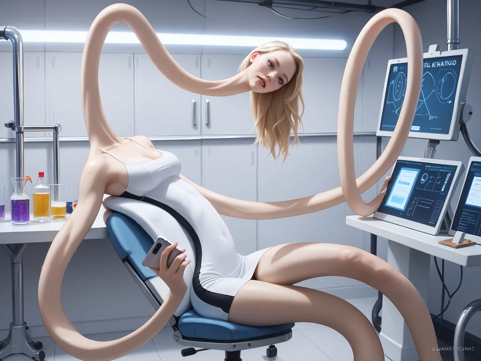 score_9, score_8_up, score_7_up, score_6_up, score_5_up,
<lora:elongated-ponyxl-v2a:1.0>, (elongated:1.2), long arms, (long torso:1.3), long legs,
a woman in a laboratory, blonde hair, sweating, barefoot, white clothes, holding phone, mouth open, ultra realistic, (high quality, detailed, beautiful), detailed beautiful eyes, realistic, outstanding,
<lora:add-detail-xl:0.7> <lora:xl_more_art-full_v1:0.1>