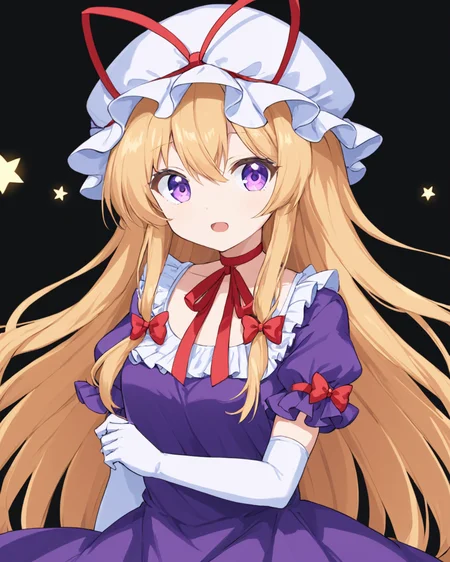 yakumo yukari,1girl, solo, red_ribbon, purple_dress, mob_cap, open_mouth, black_background, hair_bow, hat_ribbon, red_bow, white_headwear, looking_at_viewer, elbow_gloves, white_gloves, simple_background, puffy_short_sleeves, :d, neck_ribbon, frills
<lora:yakumo_yukari_image6089_2023-12-20-000007:1>,star-shaped_pupils,symbol-shaped_pupils,. gorgeous,key visual, vibrant, studio anime,award-winning, professional, highly detailed,high budget, cinemascope