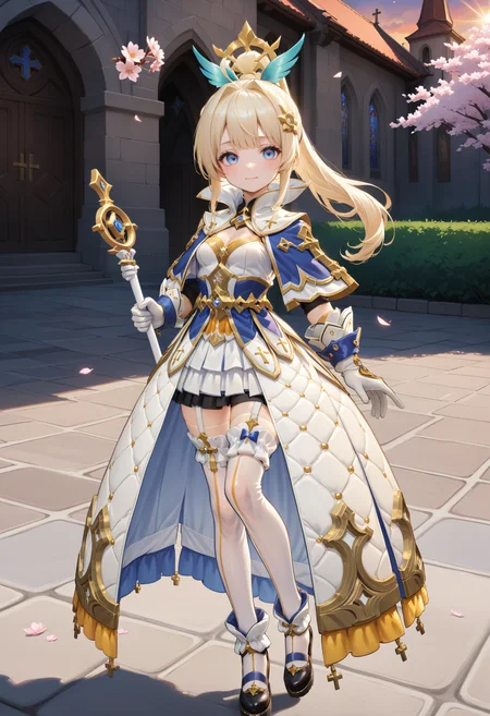masterpiece, best quality, very aesthetic, absurdres, rom_saint_xl,
1girl, blonde hair, ponytail, hair ornament, blue eyes, light smile,
standing, full body, looking at viewer, one hand holding staff, outdoors, church, cherry blossoms, sunrise, falling petals, light rays, tyndall effect, vivid colors, tranquil and magical atmosphere,
shiny skin, beautiful face, beautiful eyes, extreme detailed, professional illustration, hires,
<lora:rom_saint_pony_xl:1>, <lora:aesthetic_anime_v1s:0.5>, <lora:add_details_xl:0.5>