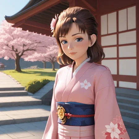 <lora:laetitia_pony_v1:.8>LaetitiaSecurity, 1girl, blue eyes,  brown hair, cowboy shot,, japanese clothes, kimono, hair ornament, blush, hair flower, pink kimono, sash, obi, floral print, wide sleeves