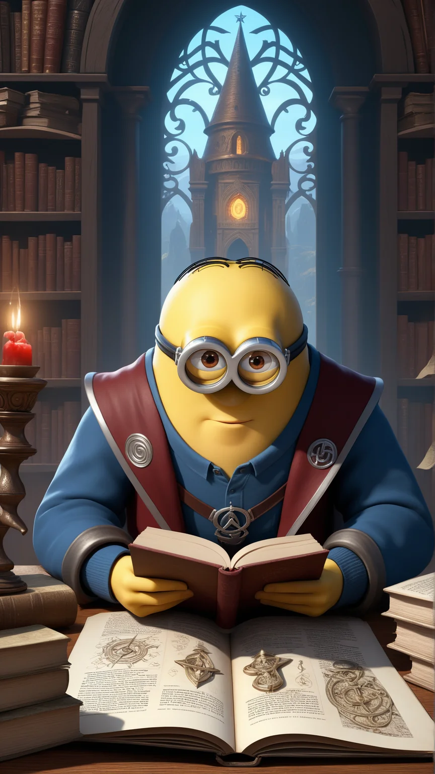fantasy, archaeology theme, <lora:MinionStyleXL:1> MinionStyle (style-swirlmagic:1.0), portrait, solo, upper body, looking at viewer, detailed background, detailed face, intricate details, (<lora:Concept - Blood Magic:0.5>, swirling blood, magic, bloodmagic theme:1.1) scribe sitting at desk, simple clothes, researching, focusing, clutter, surrounded by books, maps, scrolls, swirling magical symbols, magic aura, floating magical symbols, magic emerging from text, ancient magic, knowledge, archive in background, magical fantasy atmosphere, as a minion