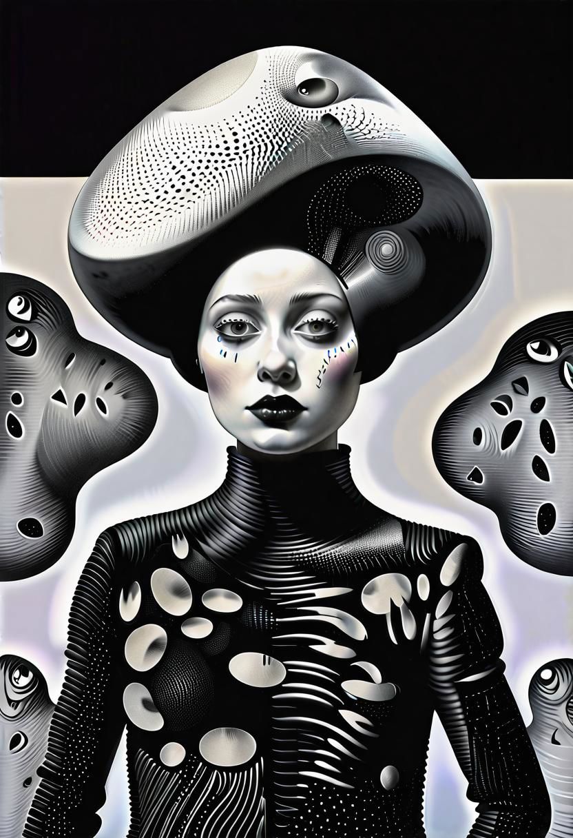 raw sketch of interwoven concrete cement pebbles cob cobblestone shell scales, by Bellmer, by Malevitch, by Kandinsky, Surreal psychedelic bizarre, psychedelic hallucination, pop surrealism, rough crosshatch drawing pop art Lunatic_Portrait of a young woman in latex Avant-garde Fashion page, slick back, low bun, black makeup, sinister expression, intense glare, (melting flesh covered in moss, rot, mold, bubbles, droplets:1.5), avant-garde, abstract, weird, geometric, constructivism, suprematism, rayonism, verticism, lineism, tj