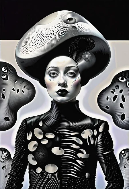 raw sketch of interwoven concrete cement pebbles cob cobblestone shell scales, by Bellmer, by Malevitch, by Kandinsky, Surreal psychedelic bizarre, psychedelic hallucination, pop surrealism, rough crosshatch drawing pop art Lunatic_Portrait of a young woman in latex Avant-garde Fashion page, slick back, low bun, black makeup, sinister expression, intense glare, (melting flesh covered in moss, rot, mold, bubbles, droplets:1.5), avant-garde, abstract, weird, geometric, constructivism, suprematism, rayonism, verticism, lineism, tj