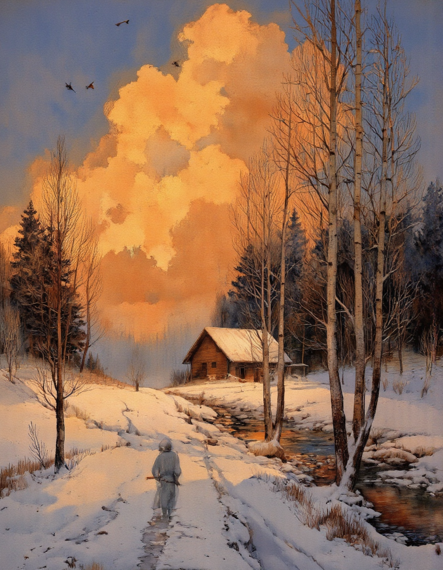 . A painting of a winter scene depicting a serene landscape with a snowy path leading to a cabin in the distance, surrounded by tall birch trees. the scene is illuminated by warm, golden light from the setting sun, casting a golden glow over the snow-covered landscape. the sky is filled with fluffy, orange clouds, and a few birds are flying in the air, adding a sense of movement to the scene. in the foreground, a lone figure stands in the middle of the image, holding a stick, silhouetted against the warm, orange and yellow hues of the sky. the cabin is situated on the right side of the path, with a small stream running alongside it, creating a peaceful and tranquil atmosphere. the trees are bare, with no leaves, and the ground is covered in a thick layer of snow, adding to the serene and peaceful mood of the painting. the overall effect is one of tranquility and serenity, with the warm and soft lighting of the sunset casting a gentle glow on the trees and the cabin.