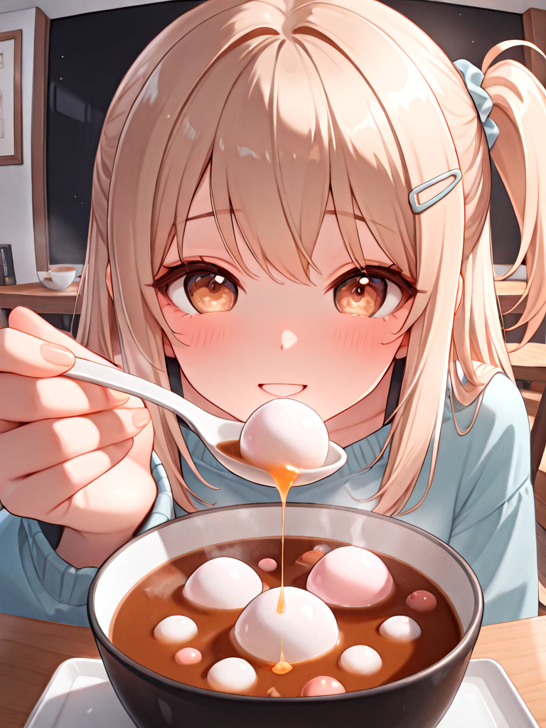 absurdres, explicit, tangyuan feeding, incoming food, blurry foreground, fisheye, pov, 1girl, shy, smile, holding spoon, hand up, sitting, soup, table, steam, steaming food, close-up, foreshortening, reaching towards viewer, one side up, blonde hair, hairclip, parted lips, milf, <lora:girlliketangyuanfeeding_ilxl:0.8>