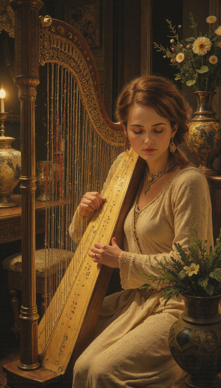 crayon,glow, Depict a young woman, illuminated by a warm, internal luminescence, delicately caressing the strings of a Celtic harp. Her countenance, imbued with a serene introspection, reflects the melancholic beauty of the melody she coaxes from the instrument. Employ a chromatic palette of opulent golds, earthen browns, and ethereal whites, evocative of a bygone era. Render the scene with an impressionistic sensibility, emphasizing the interplay of light and shadow, with brushstrokes that are both vigorous and nuanced. The background, shrouded in a tenebrous chiaroscuro, hints at the intimate confines of a private chamber. Include a ceramic vessel overflowing with flora, its verdant hues providing a subtle counterpoint to the dominant warmth. Focus on capturing the ethereal aura and the ineffable bond between the musician and her art, creating a tableau that transcends mere representation and evokes an atmosphere of profound emotionality.