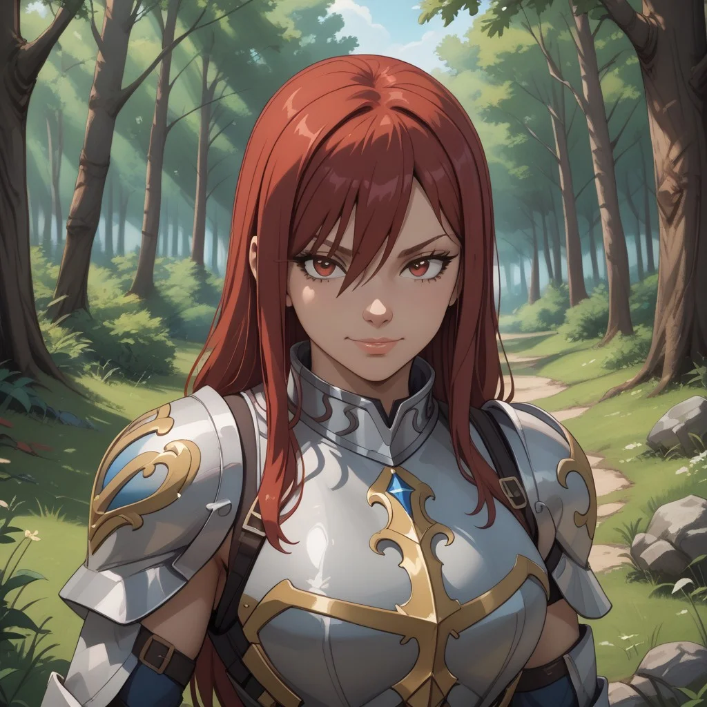 score_9, score_8, BREAK, (Solo), (Erza Scarlet, long hair, red hair), (armor), (blue tattoo), sexy pose, self portrait, smile, outdoors, sunlight, shadows, evening lighting, natural lighting, forest, trees, grass, orange sky, sunset