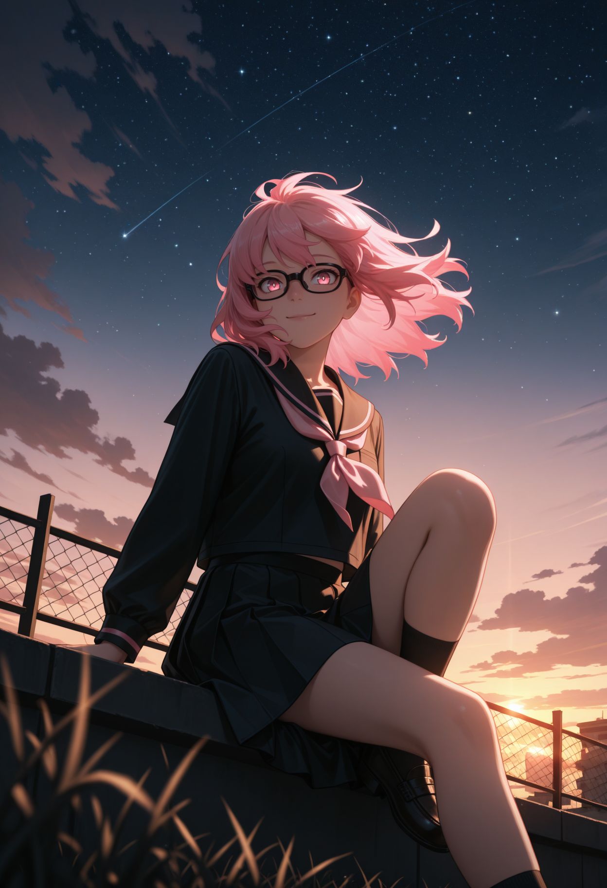 masterpiece,amazing quality,best quality,ultra-detailed, 1girl,sky,star (sky),scenery,starry sky,outdoors,cloud,sitting,(knee_up:0.8),looking at viewer,lonely,sunset,solo,blurry,depth of field,iron fence,building,blurry foreground,wide shot,wind, smile, , chiaroscuro, dynamic angle,
, <lora:Pop Step v2 illu:1>
1girl, pink hair, pink eyes, medium hair, black-framed eyewear, glasses, black shirt, serafuku, ,black skirt shirt, school uniform,