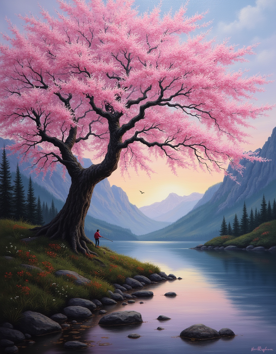 An atmospheric painting of a a cherry blossom tree