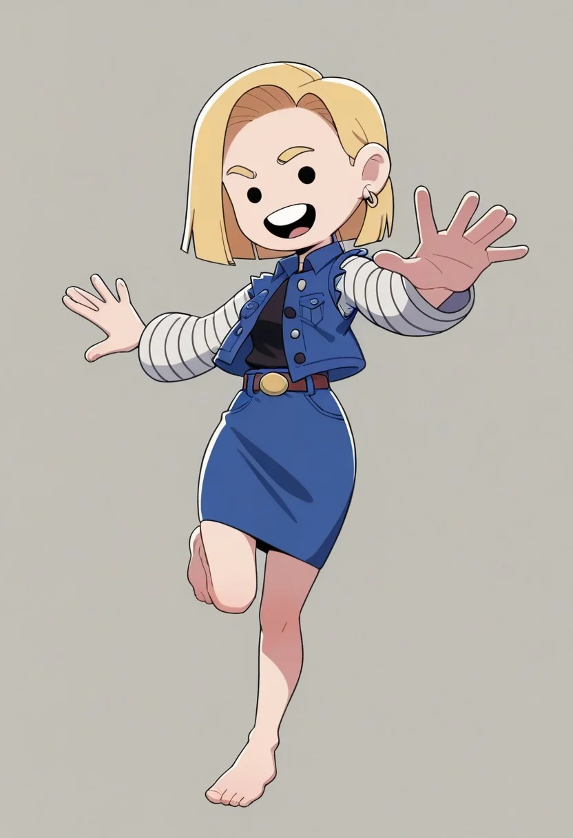 score_9, score_8_up, score_7_up, score_6_up, score_5_up, full body, savannahXYZ, leg crossing, barefoot, happy, black dot eyes, short blonde hair, android 18, dressed like android 18, sexy, seductive,
<lora:savannahXYZ:1.0>,