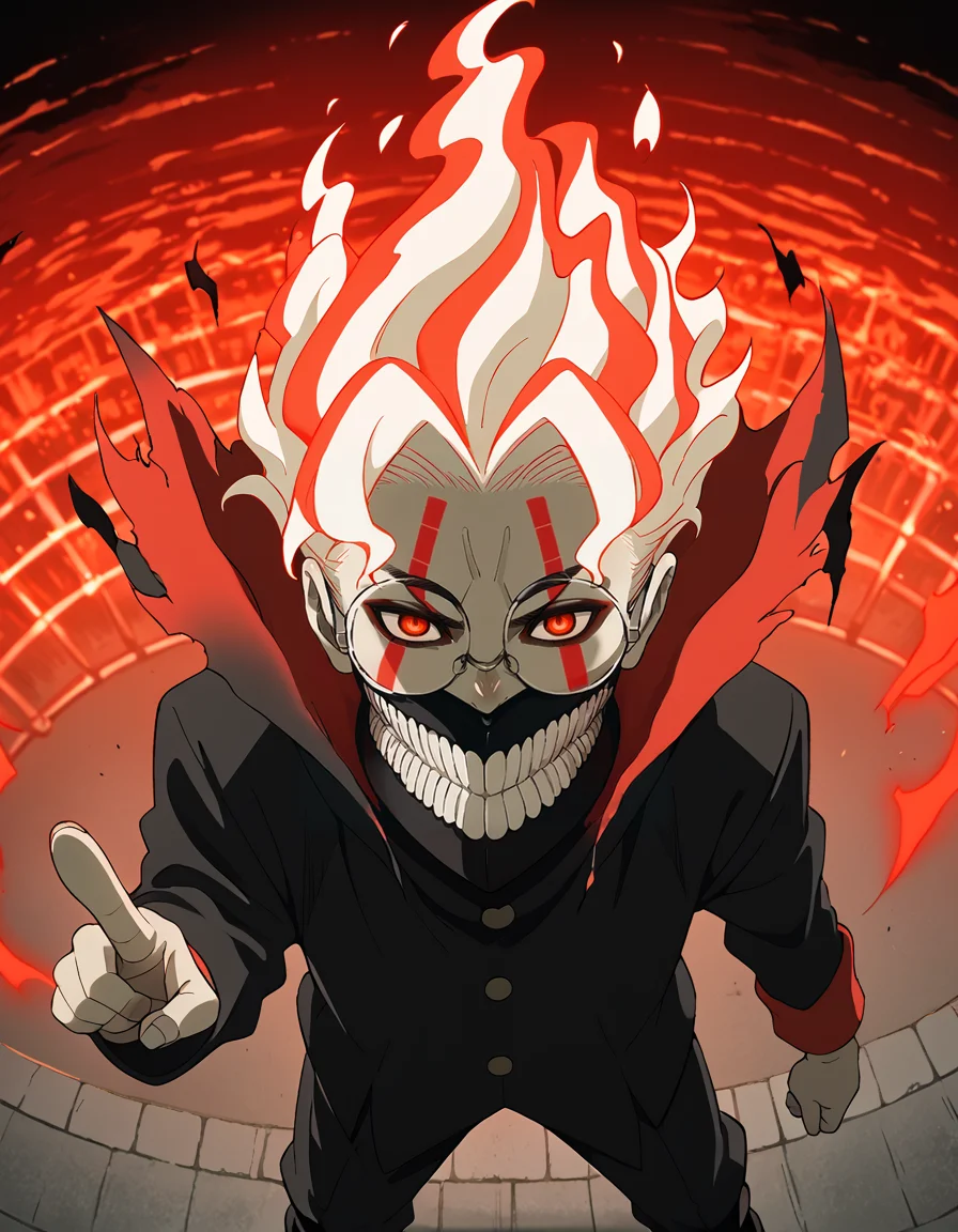 score_9, score_8_up, score_7_up, source_anime, BREAK
1boy, solo, <lora:ken_takakura_anime_v2-soralz:1>, ken takakura, transformation, white hair, red hair, fiery hair, multicolored hair, red eyes, round eyewear, facial mark, jaw mask, teeth, torn clothes, pointing at viewer,
from above, <lora:DarkerThanDarkV0.8:0.75>, dark, night, day, fire background,