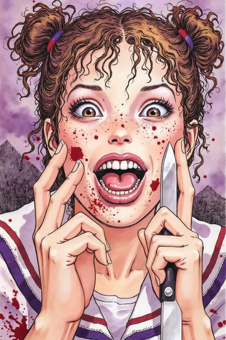 itacomic1 illustration. masterpiece, best quality, amazing quality, very aesthetic, absurdres, newest, scenery, 1girl, toga himiko, teeth, open mouth, blood on face, smile, double bun, crazy eyes, holding knife, hand on own cheek, upper body, school uniform backlighting, from above, dutch angle, , close-up, photorealistic, dutch angle, (colorful), from above, (((paint splatter))),fisheye, , masterpiece, best quality, amazing quality, very aesthetic, absurdres, newest, scenery, volumetric lighting <lora:itacomic_mima6_noc_d4a2e11:1.0><lora:802045032111727307:0>