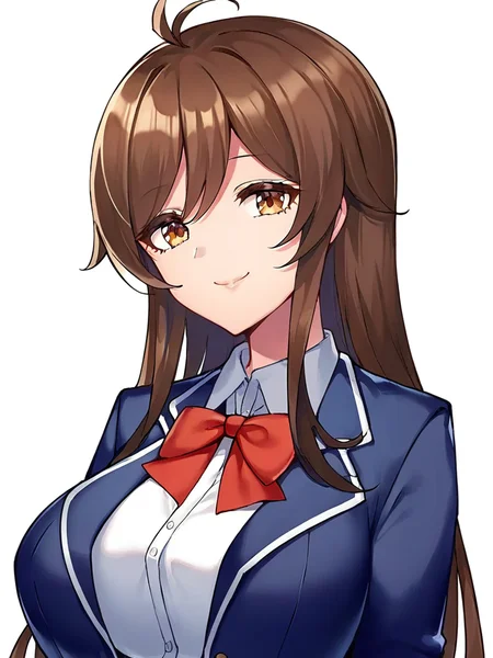 score_9, score_8_up, score_7_up,
1girl, maibara mitomo, brown hair, long hair, brown eyes, ahoge, large breasts,
white background, upper body, smile, closed mouth, looking at viewer,
school uniform, white shirt, blue blazer, bowtie,