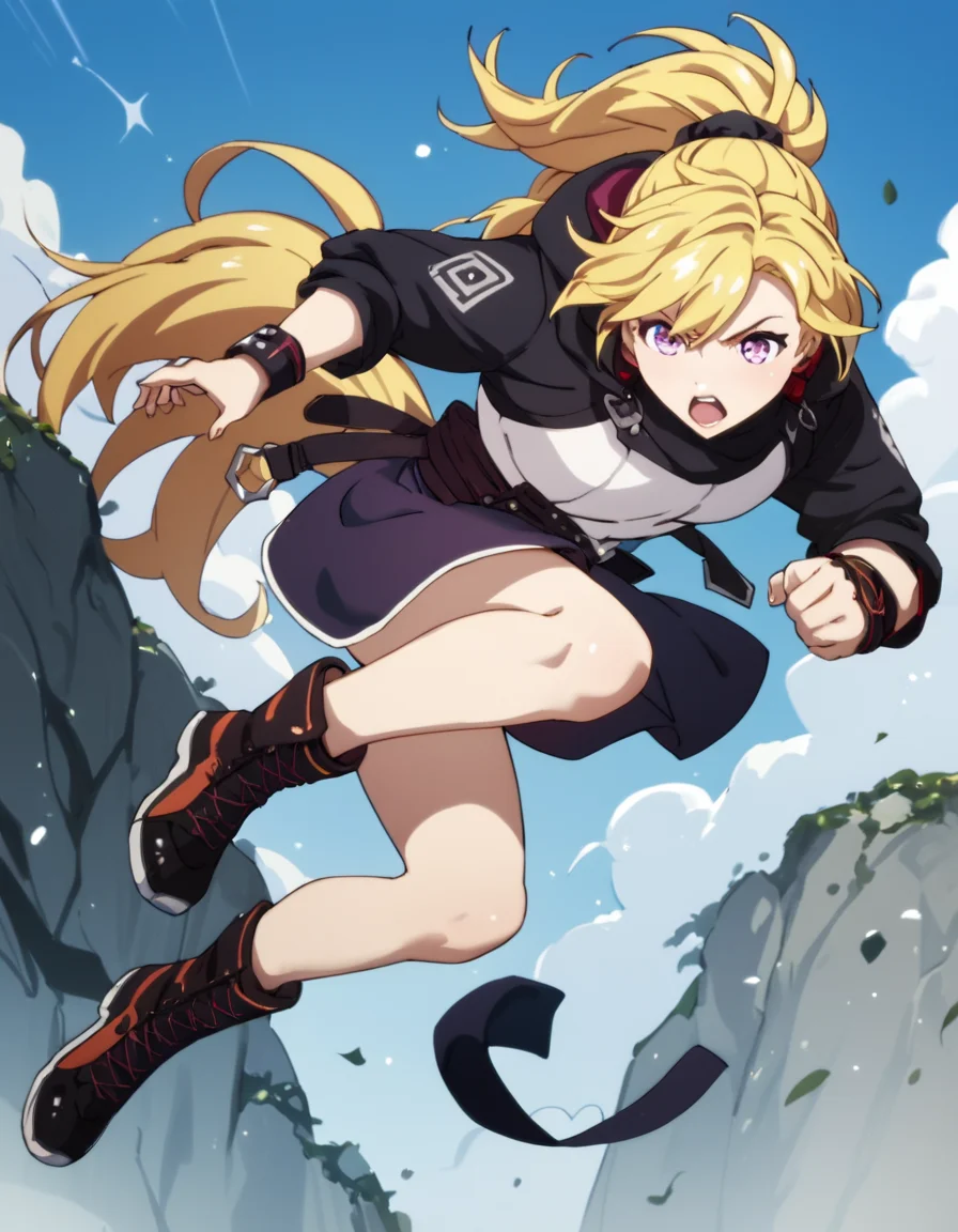 score_9, score_8_up, score_7_up, score_6_up, score_5_up, score_4_up, source_anime, YangXiaoLong, long hair, blonde hair, purple eyes, ponytail, , action pose