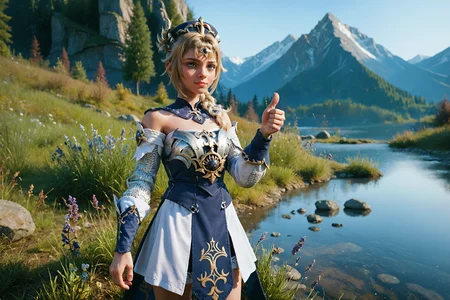 cl3r1c, score_9, score_8_up, score_7_up, 1girl, solo, barbara_(genshin_impact), genshin_impact, blonde_hair, blue_eyes, straight-on, thumbs down, frozen lake, mountain backdrop, <lora:_5h4rt:1.0>