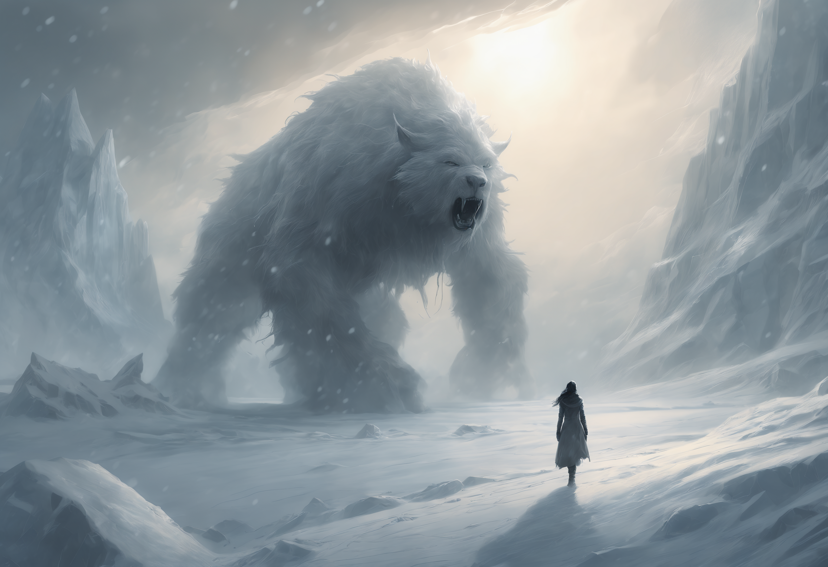 The monochromatic painting decipts two creatures, a wanderer observing a colossal frost-giantess of supernaturally beautiful appearance. She is walking barefoot through the snow. The background is dominated by ice and snow, creating a cold and hostile atmosphere. A blizzard rages and envelops the scene, adding to the intensity. The blizzard makes her appearance even more dramatic.

concept art, photo bashing, digital painting, matte painting, megascans, octane rendering, god rays, ray tracing, lumen, high-resolution
