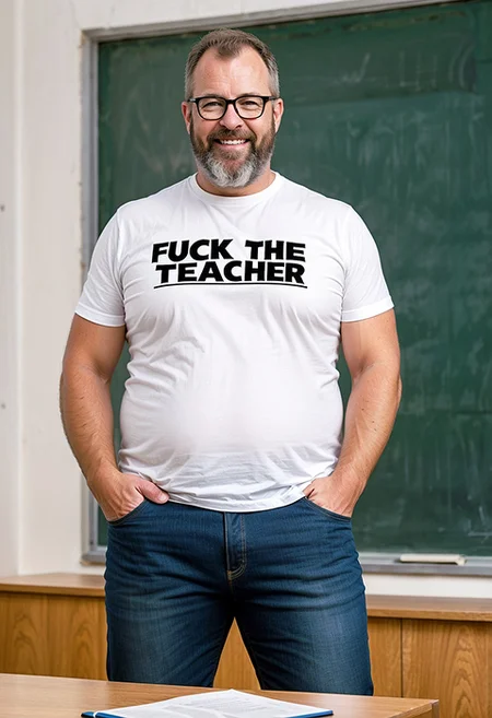(50-year-old overweight hairy nerdy teacher) Caucasian wearing a tight white t-shirt with the words (FUCK THE TEACHER) on it, big-pecs, on class, blackboard on background, wearing skin tight skinny jeans, short-hair, huge bulge, blurry background