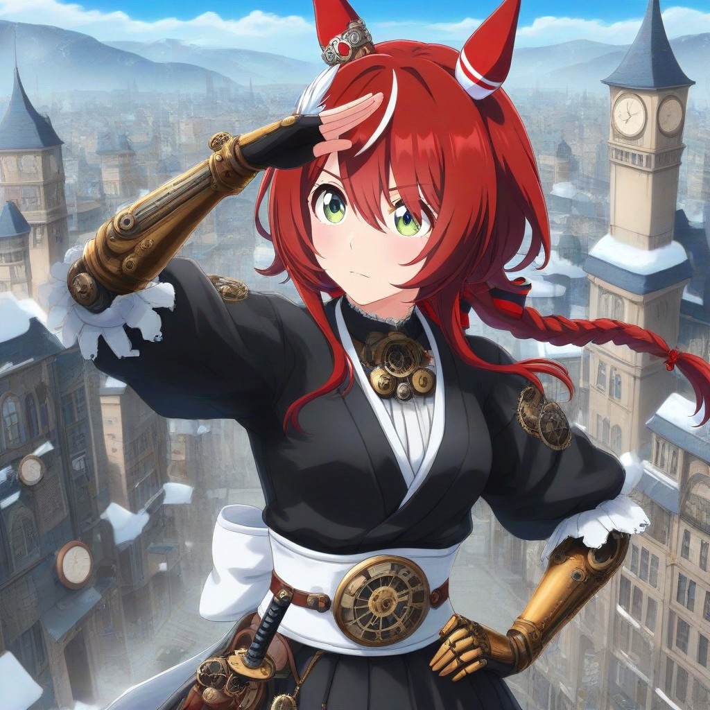 ,snow, winter, steampunk city, ,win variation \(umamusume\),1girl, bleach,, floating Massive snows, 
,long braid,short hair,win variation \(umamusume\)
, solo, japanese clothes, black kimonoblack kimono shirt,white sash, (katana),
detailed background,detailed skin,power_lines,speed_lines
(, salute,close-up, clock and gear,  bow pose,  arm up, hand on hip, 
outdoor, steampunk, clock tower), 
ultra-detailed background, bleach, solo, japanese clothes, black kimono
:0.6),