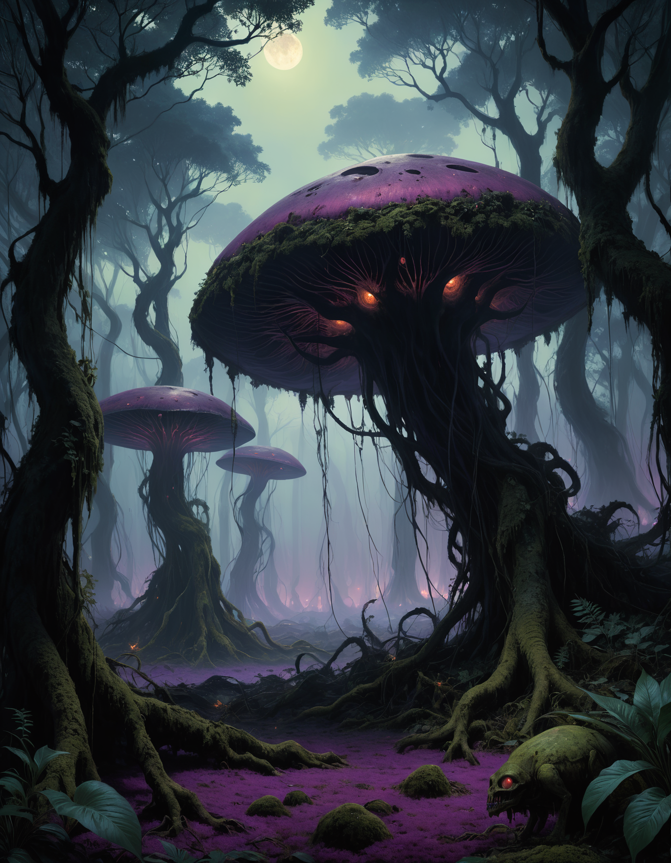 A chilling and foreboding jungle planet landscape, bathed in an eerie twilight glow. The alien foliage, a nightmarish concoction of towering, twisted trees and vines draped in unidentifiable pods and bulbous growths, stretches out in all directions, creating an impenetrable green-black canopy. The air is thick with the sounds of unearthly creatures, their cries and howls echoing through the dense undergrowth. The ground is a carpet of moss and decaying vegetation, dotted with strange, glowing fungi that cast a sinister light onto the shadowy forest floor. A faint mist hovers just above the ground, obscuring any sense of distance or perspective. The sky, visible through the occasional break in the canopy, is a deep shade of purple, streaked with crimson and gold, as if the very atmosphere is tainted by some malevolent force. A sense of foreboding and despair hangs heavy in the air, as if this place were not meant for mortal eyes to see., (Oil painting) (by Jean-François Millet), (by Gustave Courbet) , (by Jules Breton), close up, dark fantasy, <lora:add-detail-xl:2>