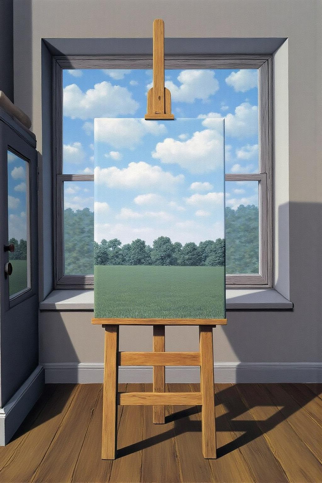 enemag1 painting. A surreal painting in the style of René Magritte depicting an easel placed in front of a window, covering it completely. The canvas on the easel seamlessly blends with the outdoor view, showing a continuation of the landscape beyond the window—a lush green field under a blue sky with soft clouds. The interior of the room is simple, with muted colors and no extra details to distract from the illusion. 
 <lora:renemag1_cap_d6a3:1.0><lora:829820100283693909:0>