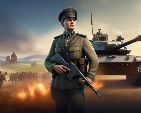 Civilization 6 style, German soldier standing on a tank, battlefield background, <lora:ææXLv1:1>