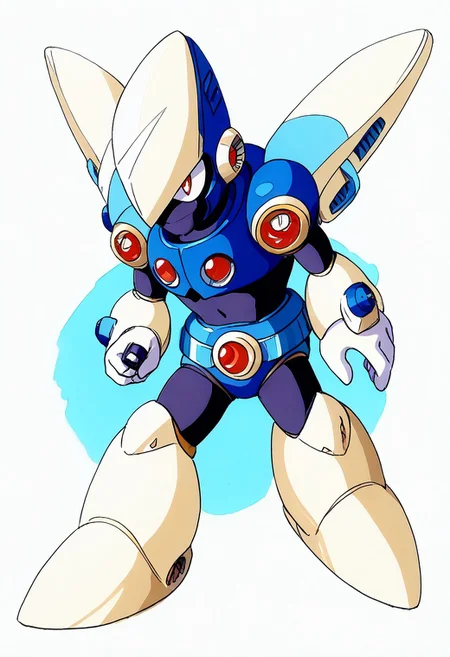 score_9, score_8_up, score_7_up, score_6_up, score_5_up, score_4_up, score_9 , score_8_up, score_7_up, source_anime, 1boy, solo, (sharp eyes), (covered mouth), (robot master), The character in the image is a vibrant and dynamic Reploid from the Mega Man X series. This Reploid has a humanoid design with a sleek, armored body. The head is distinctively topped with a large, yellow helmet that has a cannon-like attachment on the top, adding to its combat-ready appearance. The eyes glow with an intense blue light, giving the character a sharp, focused expression. The torso is solid and compact, featuring a mix of yellow and white armor with red accents that highlight the joints and connection points. The arms are robust and mechanical, with white gloves covering the hands, which are shaped into fists, ready for action, The character's legs are heavily armored, with large, yellow shin guards that add to its sturdy and resilient look. The feet are wide and equipped with strong, metallic soles, ensuring stability and strength in movement, vibrant color palette, futuristic character concept, KEIJI INAFUNE STYLE, <lora:KEIJI INAFUNE>, 1990s style, retro artstyle, anime coloring, traditional media, cel shading, hyperdetailed, 4k, 8k, masterpiece,